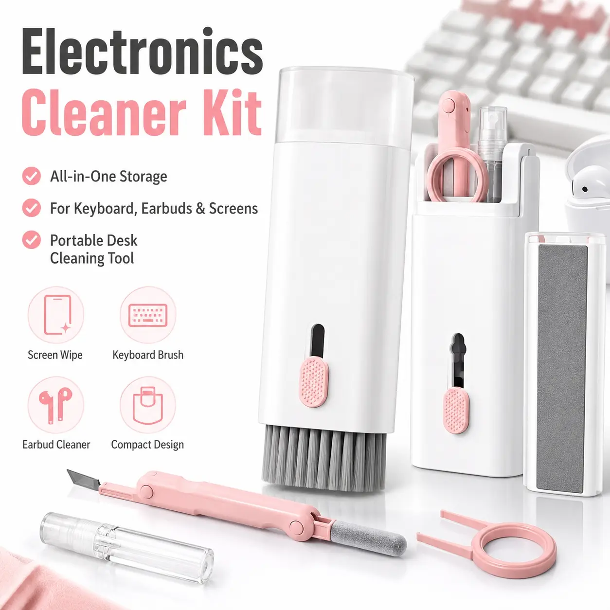 7-in-1 Electronics Cleaner Kit, Multi Function Keyboard Cleaning Brush , Phone Screen Dust Remover, Earbuds Cleaning Tool and Computer Accessories for MacBook Laptop Headphones, Portable Gadget Cleaning Set for Home Office Travel Use