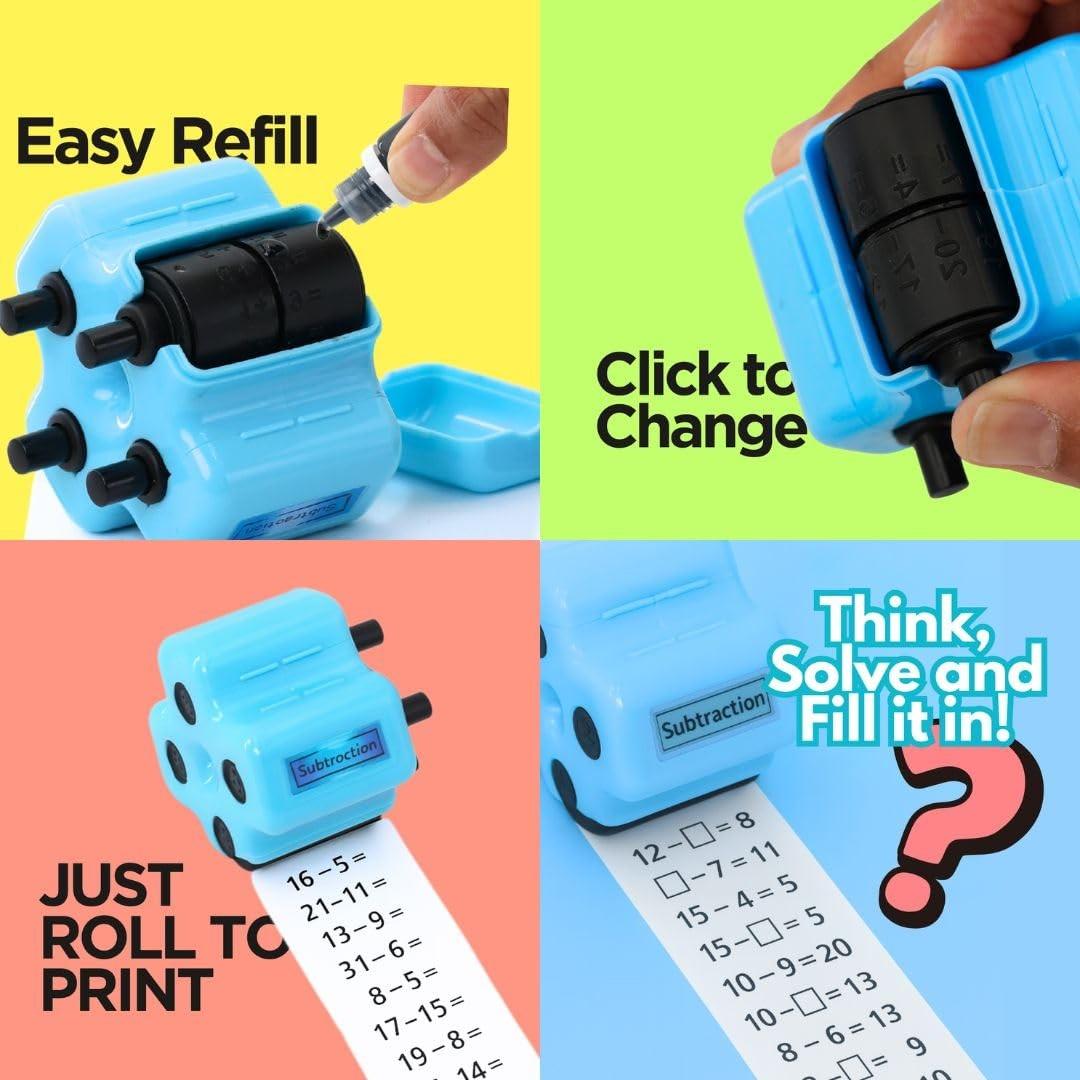 Math Teacher 4-In-1 Math Roller Stamp, Addition Subtraction Multiplication Fill-In Practice Tool, Suitable for Kids Classroom Home Use