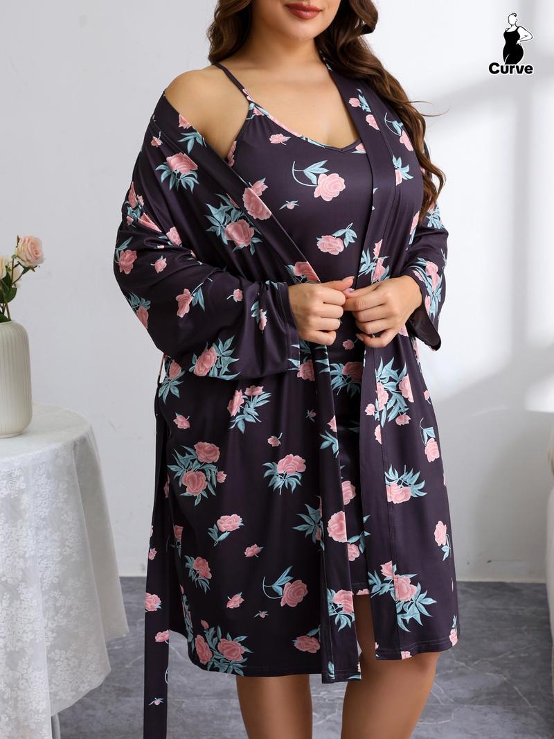 【Plus Size】 Floral Print Cami Nightdress & Bathrobe Set, Casual Soft Comfortable Nightdress & Long Sleeve Dressing Gown, Women's Sleepwear for All Seasons, Casual Comfy Nightdress