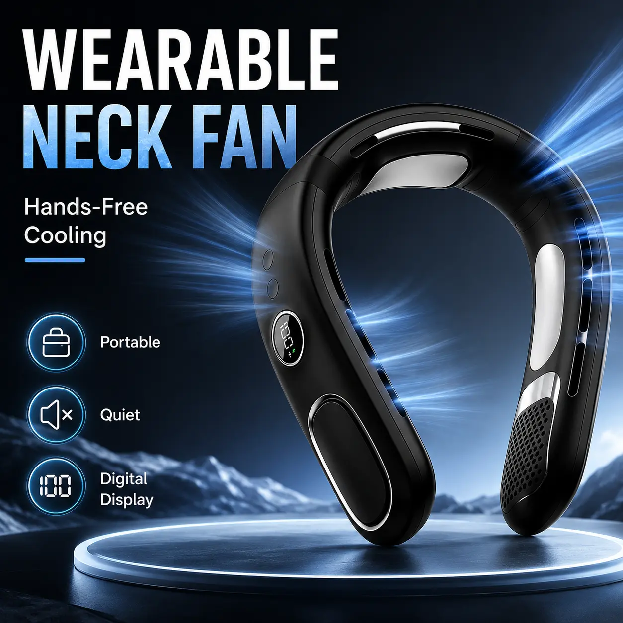 Wearable Portable Neck Fan with Cooling Plate & 5 Adjustable Speeds, 6000mAh USB Rechargeable Battery, Quiet Bladeless Hands-Free Fan for Commuting, Office, Travel and Outdoor Activities # summervibes