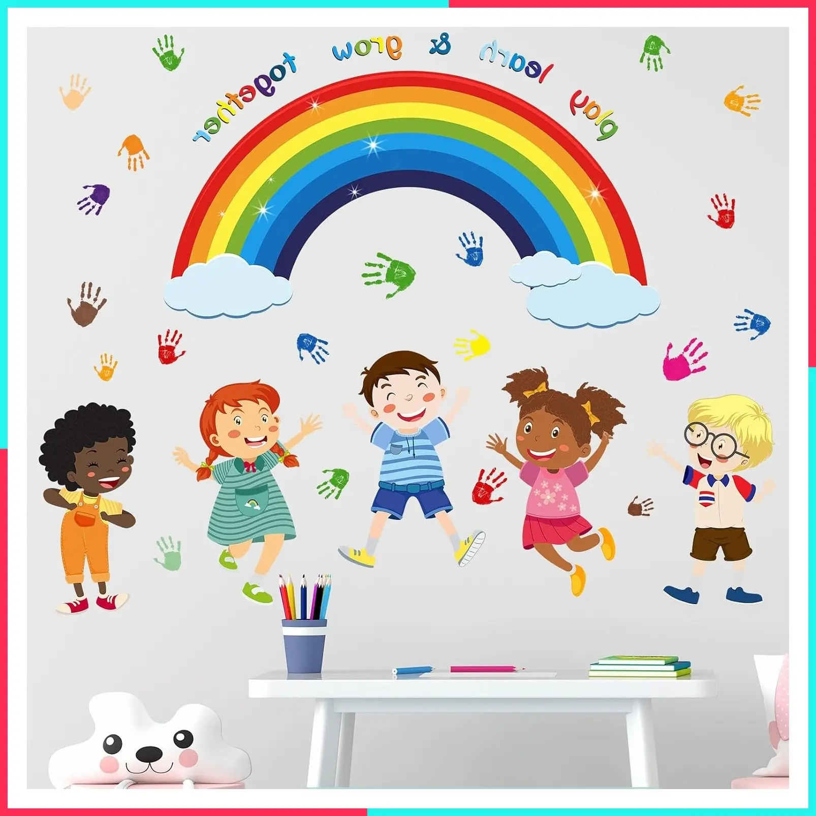Play Learn Grow Together Wall Decals - Inspirational Rainbow Quote Stickers for Baby Nursery, Kids Room, Daycare, Playroom, Classroom Wall Decor