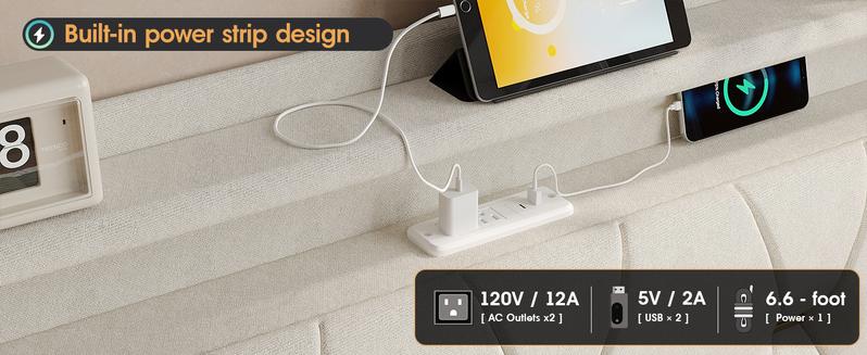 Vabches Lift Up Storage Bed Frame, Storage Headboard with Charging Station, LED Lights Upholstered Platform Bed, No Box Spring Needed, Noise-Free