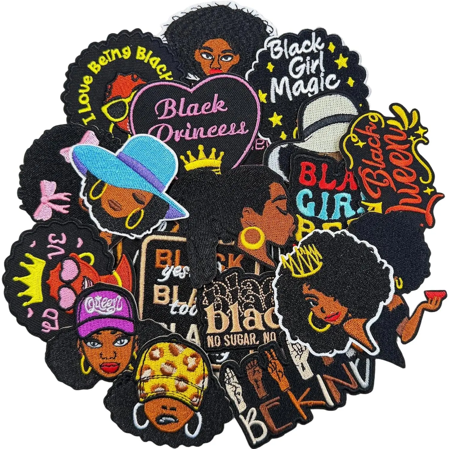 20 Pcs Black Girl Iron on Patches, Afro Girl Embroidered Applique Patches for Shirts, Hats, Jeans, Jackets, Bags, Dress.