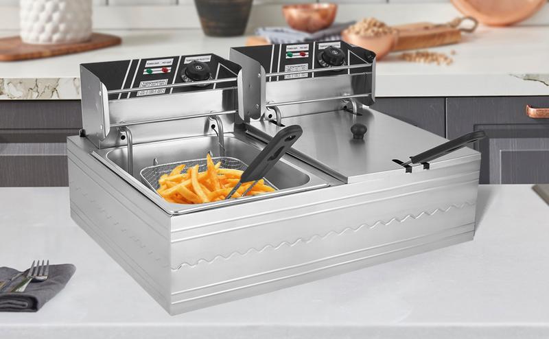 Kerilyn 22.8/6.5 QT Deep Fryer with 2 Baskets & Lids, Commercial Deep Fryer with Temperature Control, Stainless Steel Fryer, Countertop Fryers for Home Kitchen and Restaurant, 5000W