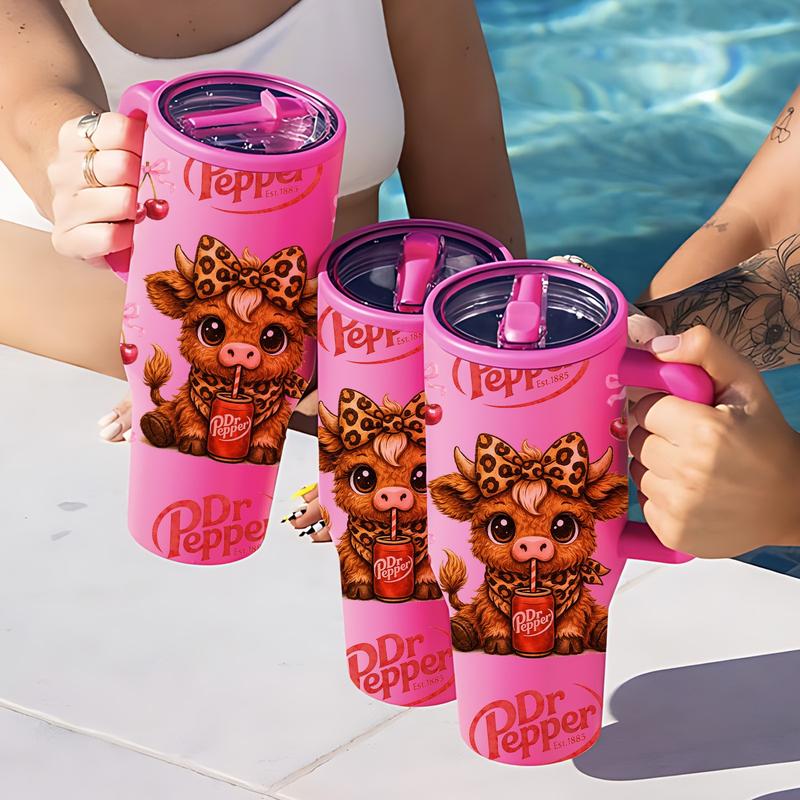 40oz insulated mug Dr Pepper soda print, leopard highland cow cute cartoon design, aesthetic thermal mug, double wall vacuum stainless steel, straw lid with handle, leak proof, keeps hot 12 hours cold 24 hours, valentines birthday daily gift