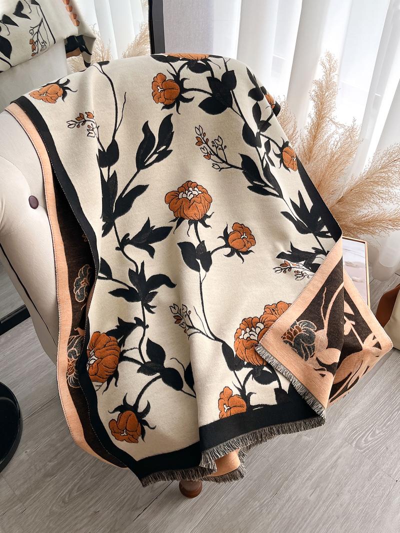Elegant Floral Knit Scarf for Women, Boho Style Double-Sided Shawl, Fall & Winter Warm Daily Wear, Fitted Design