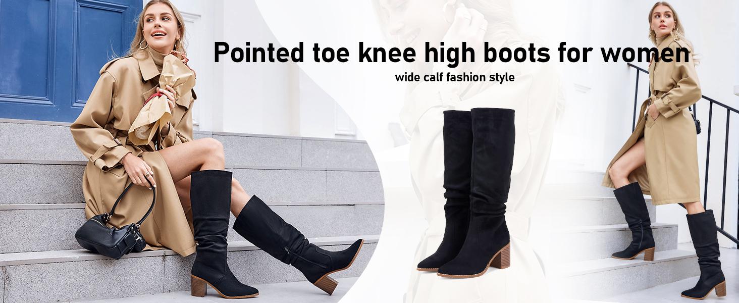 Coutgo Womens Pointed Toe Mid Chunky Heel Side Zipper Knee High Boots Tall Booties Coutgo Womens Pointed Toe Mid Chunky Heel Side Zipper Knee High Boots Tall Booties