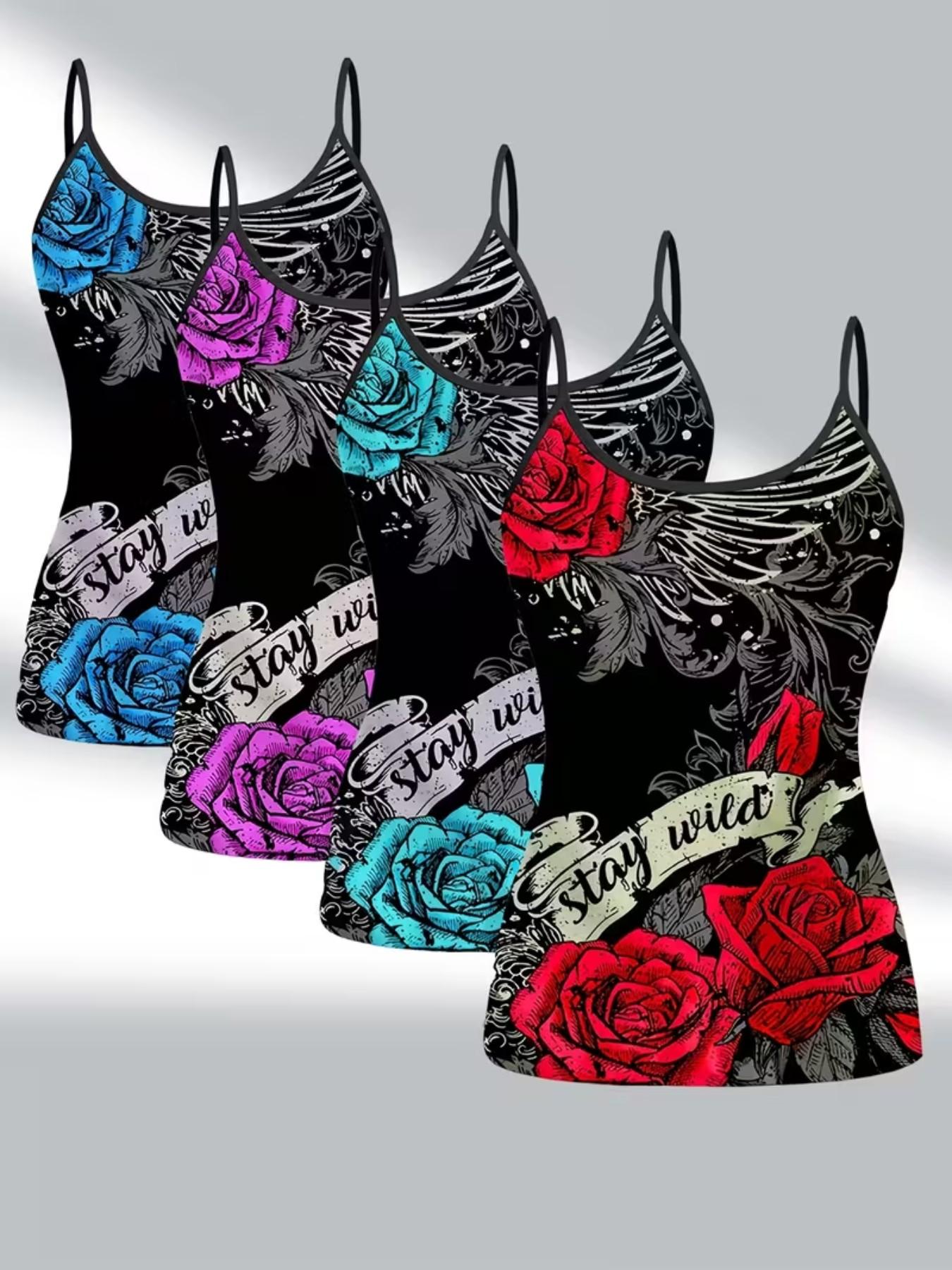 Gothic Rose Wing Print Strappy Set, Summer Home Sleepwear, Casual Sleeveless Slim-Fit Top, All over Print, Four-Piece