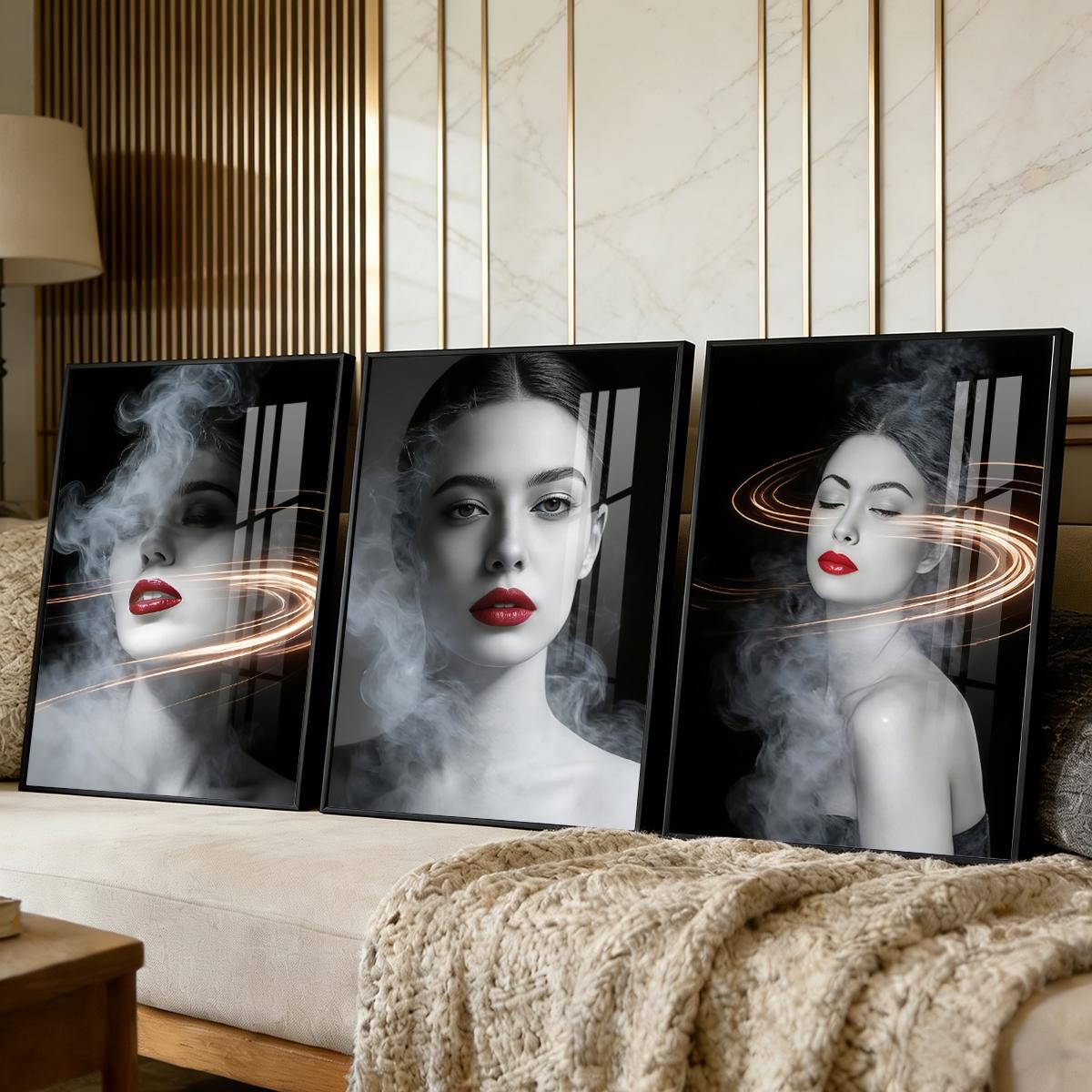3 Counts Aluminum Alloy Framed Painting, Abstract Smoke And Light Portrait Pictures, Home Decoration For Living Room, Bedroom, Office, Restaurant, Hallway Wall Decor, Odorless Print Artwork, Luxury Perfect Gift For Friends And Family