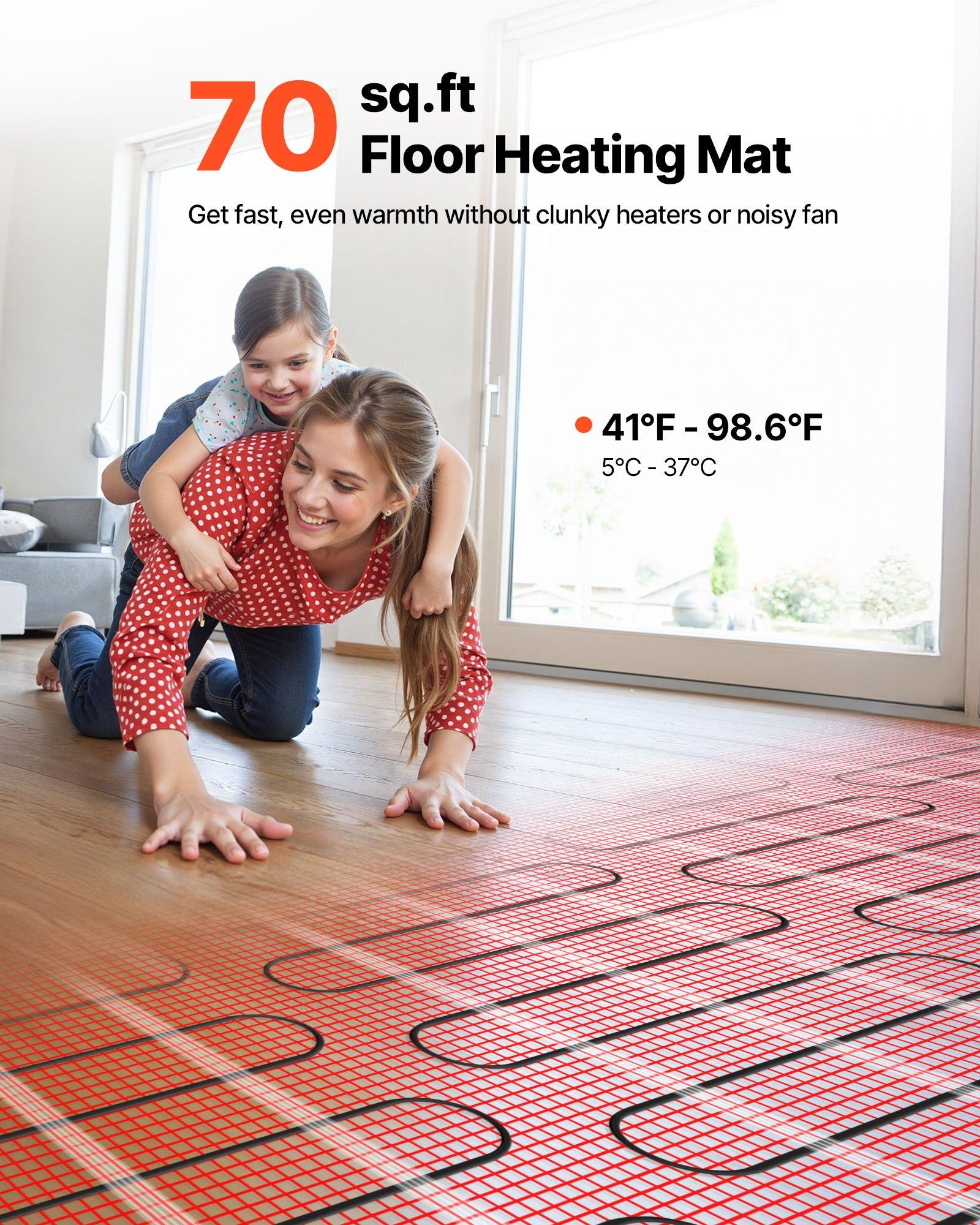 VEVOR 70 sqft Self-Adhesive Mesh Floor Heating Mat System, 120V Electric Radiant Heated Floor System, with Smart Control Thermostat & Alarm, Easy Installation for Tile, Stone, Vinyl