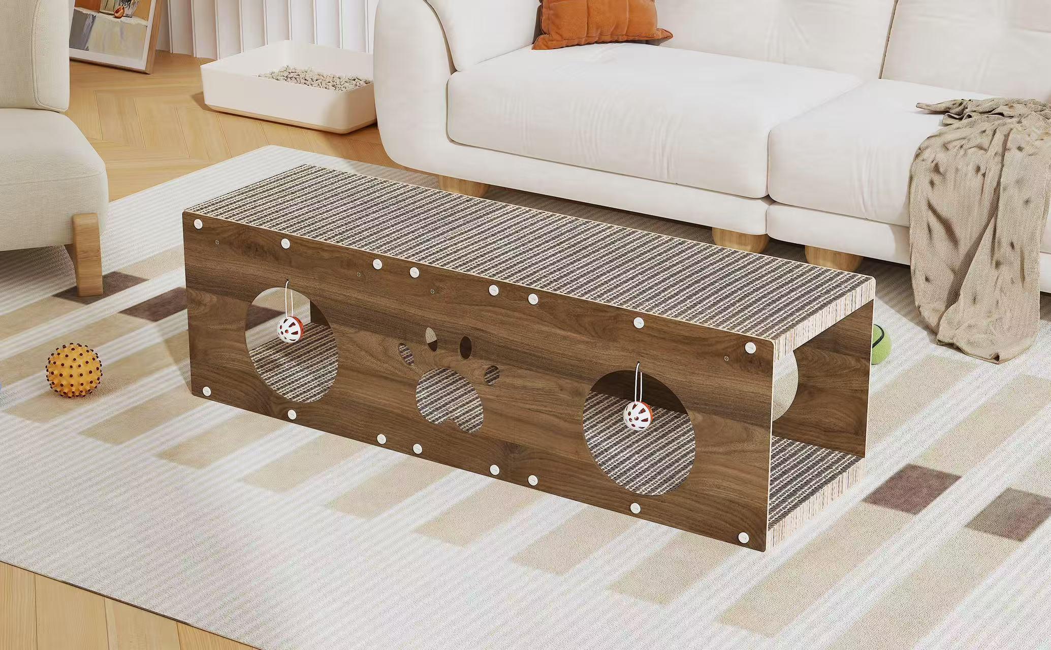 IRONCK Large Wooden Cat House & Scratcher with Ball Toy | 2-in-1 Pet Furniture for Indoor Cats, Durable Cat Bed & Playhouse