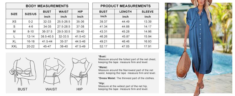 Chouyatou Women's Summer Loose Hand Pocket Midi Long Tunic Denim Shirt Dress Comfort