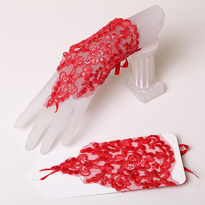 1 Pair White/Red/Beige Bridal Gloves Elegant Short Paragraph Rhinestone White Lace Glove Beautiful Wedding Accessories