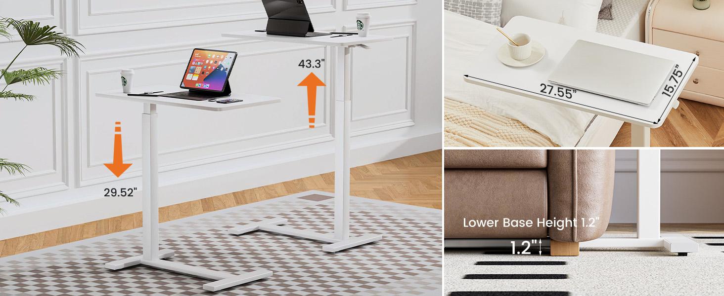 Overbed Bedside Table with Wheels, Adjustable Hospital & Home Use Bed Table, Rolling Laptop Table, Mobile Standing Desk White