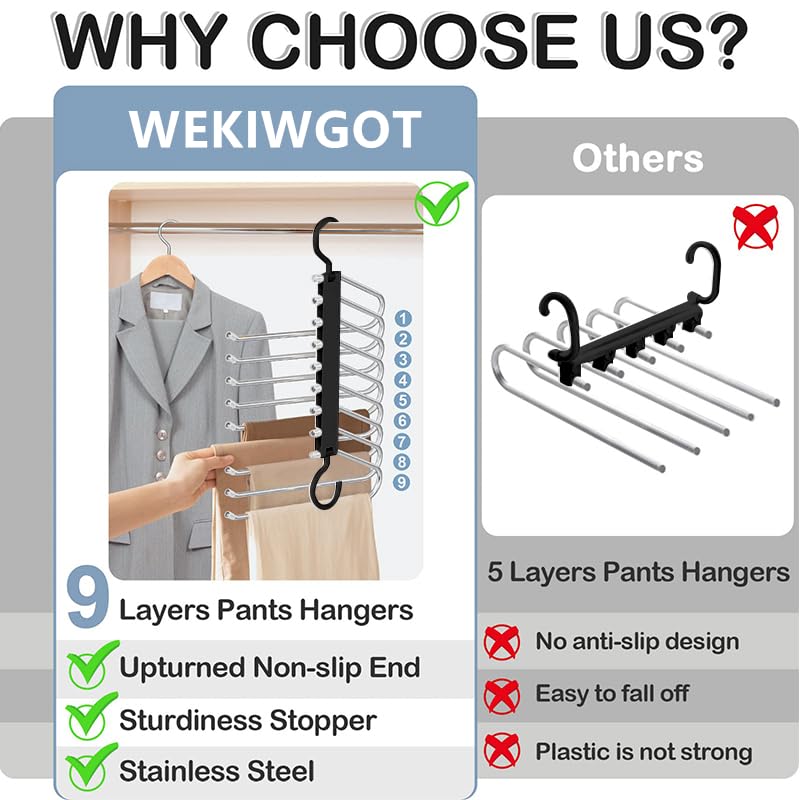 9-layer Pants Hanger, Space Saving Pant Hanger Organizer, Multifunctional Pants Organizing Rack, Closet Organizer for Pants Jeans Leggings Trousers, Pants Holder