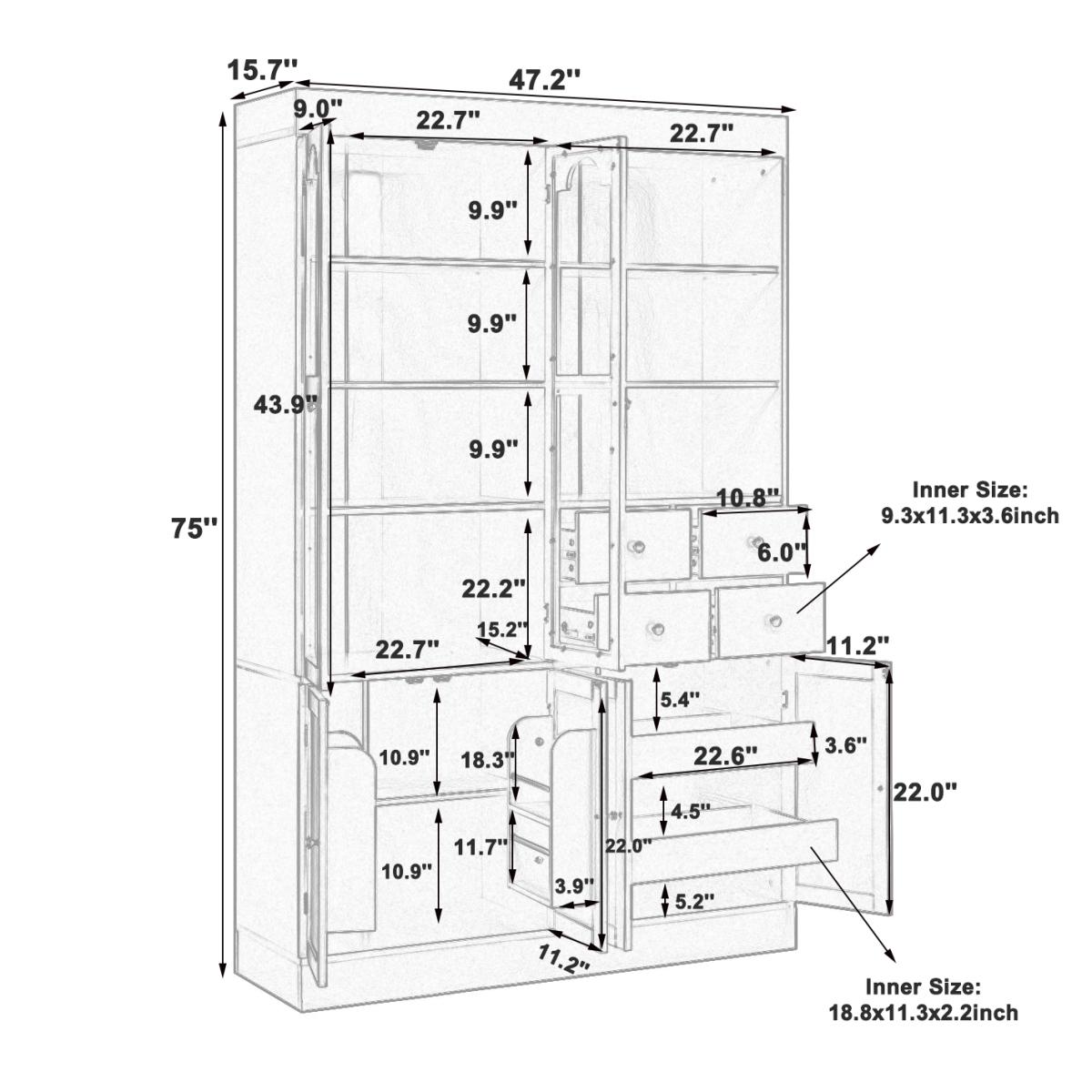 [Assembly Video Provided]  47.2x15.7x75inch Freestanding Buffet with Hutch, Tall Kitchen Pantry Cabinet with 4 Drawers, Door Shelves and Pull-out Trays for Dining room, Living Room, Gray