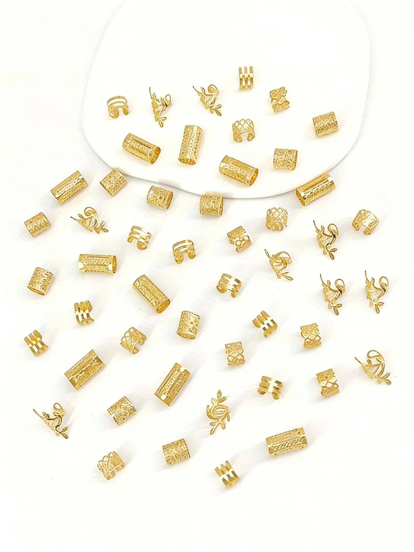 50 Pcs Boho Style Hair Rings Set, Vintage Alloy Hair Bands, Hollow Round Women's Headwear, Elegant Solid Color Braided Hair Accessories