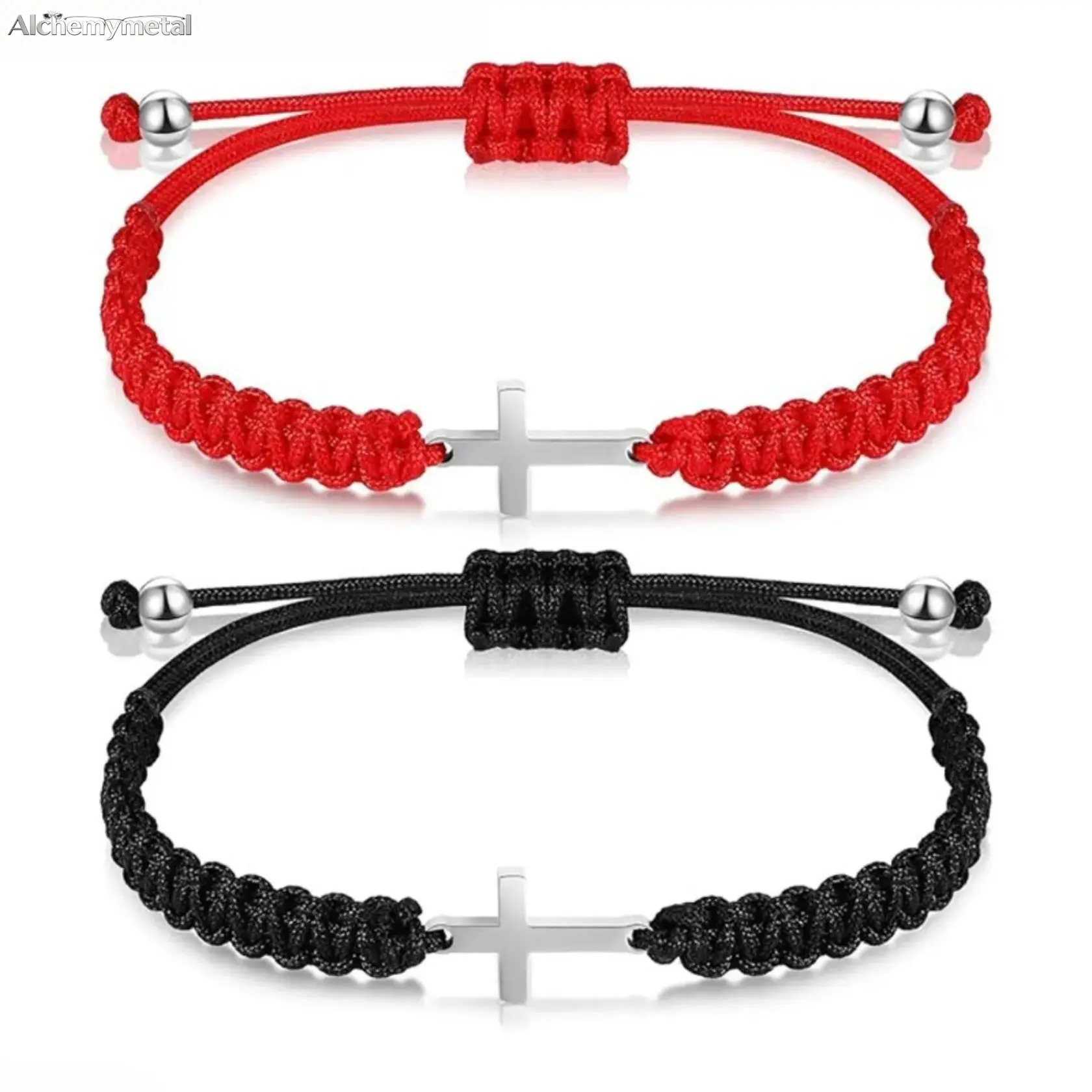 HearthVibe Studio Beaded Braided Bracelet - Unisex Red Cord Couple's Wristband Pair Set with Silver Cross Motif, Friendship Bracelet for Sports & Outdoor Use, Friendship Bracelets