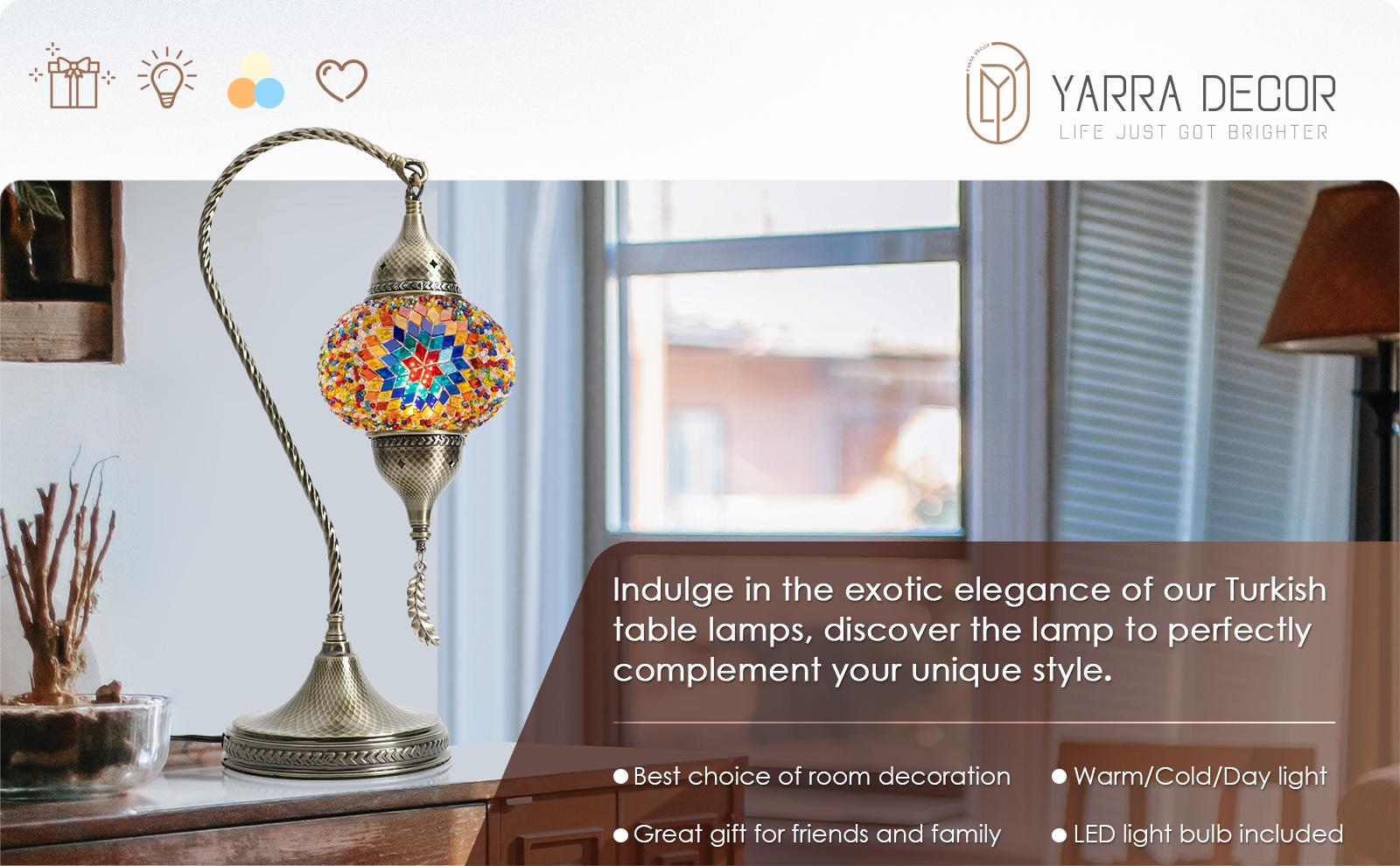 Yarra-Decor Turkish Moroccan Mosaic Table Lamp with Bronze Base - 3 Color Options Handmade Swan Neck Tiffany Mosaic Glass Bedside Lamps for Bedroom, 19" Blue1(LED Bulb Included) Home Design