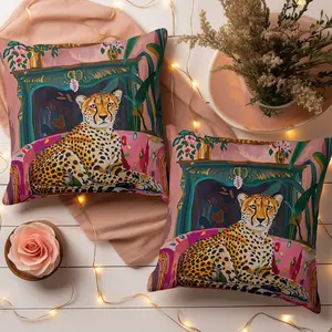 Leopard & Plant Pattern Cushion Cover, 2 Counts Square Throw Pillow Cover without Filler, Household Decoration Supplies for Home Living Room Bedroom