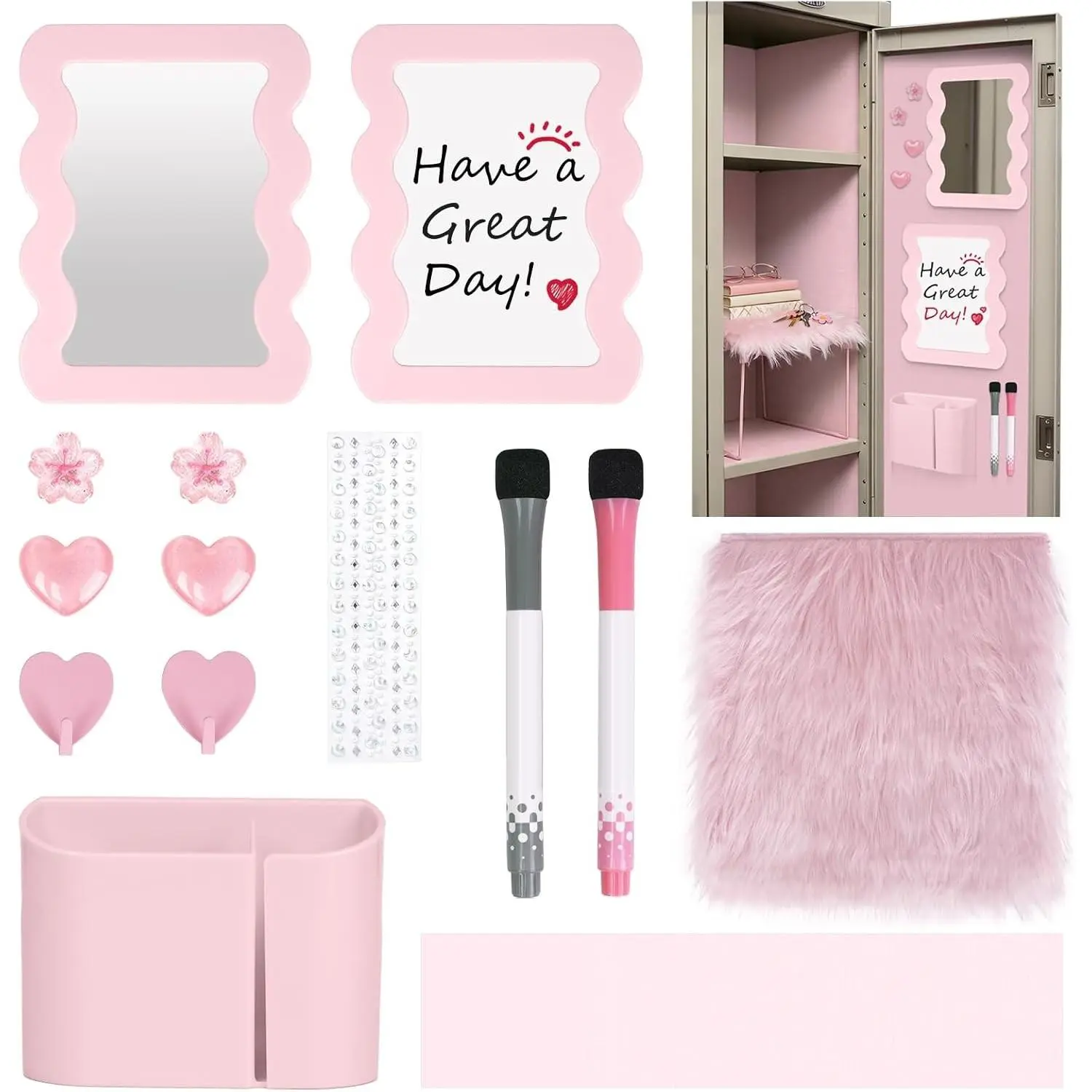 Locker Accessories Kit for Girls - Includes Rug, Wallpaper, Magnetic Mirror, Whiteboard, Pen Holder, Magnets, Stickers and Hooks, Pink Locker Decor & Organizer Set, 14 Piece