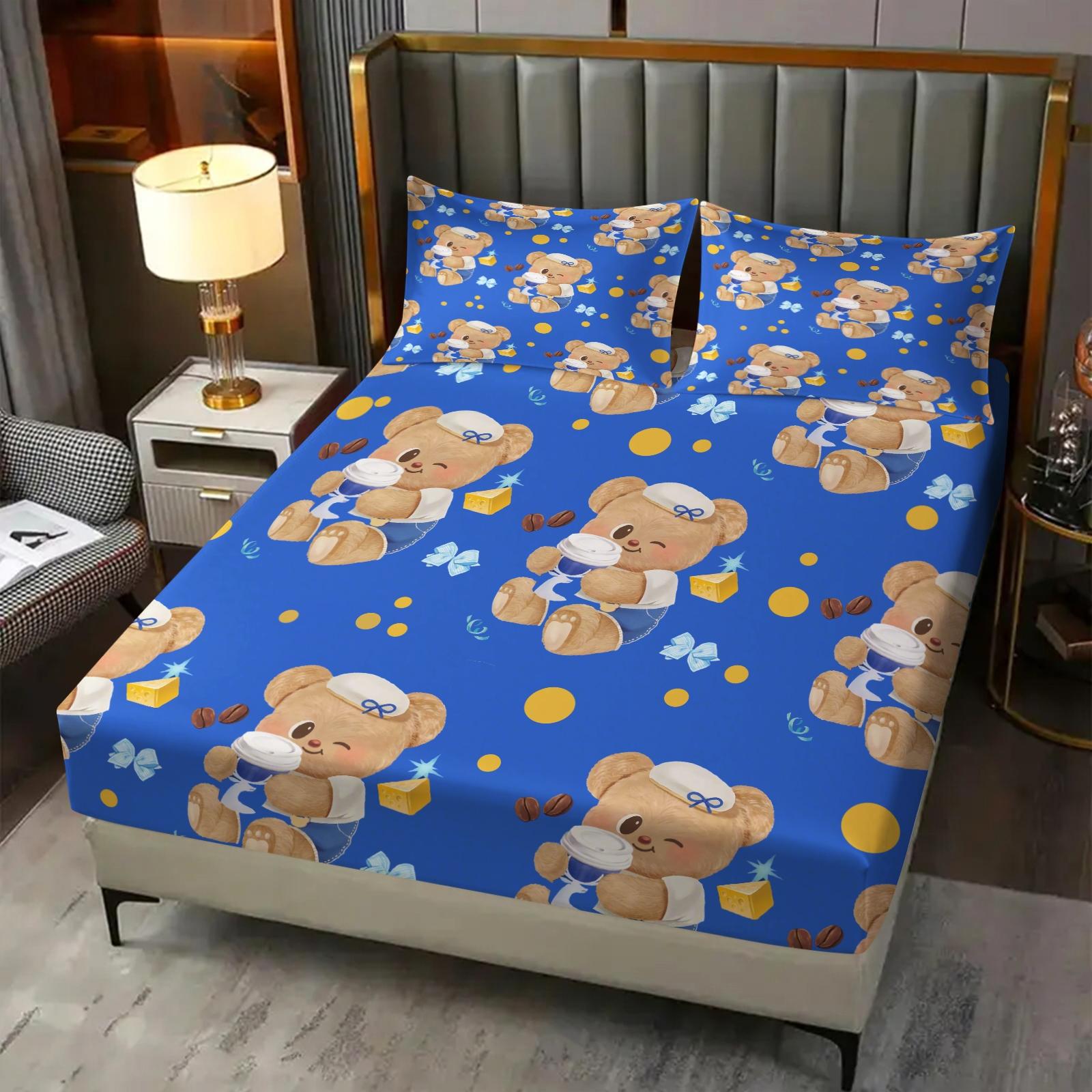 3 Pcs Cute Cartoon Bear Fitted Sheet Set, Kawaii Teddy Bear Microfiber Deep Pocket Kids Bedding, Ideal Gift for Bear Lovers and Children