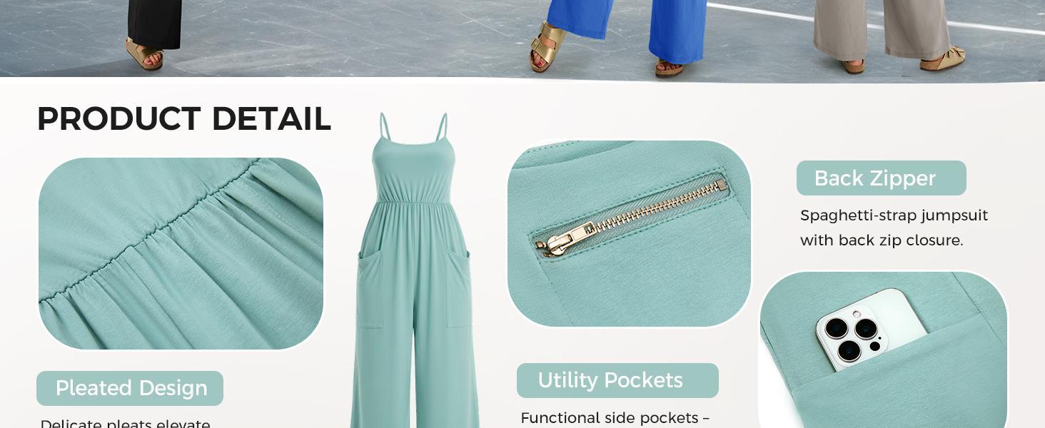Imily Bela Womens Summer Jumpsuits One Piece Casual Loose Overalls Spaghetti Strap Wide Leg Rompers with Pockets Workout Outfits