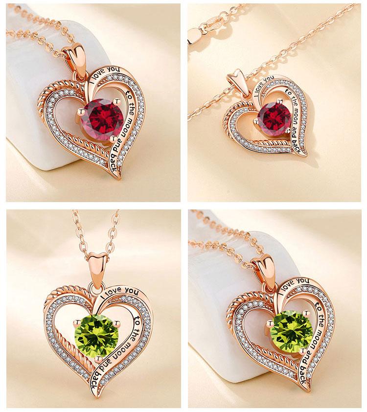 Elegant Birthstone Heart Necklace with Engraved I Love You to the Moon and Back, Rose Gold Heart Pendant, Bridesmaid & Lover Gift