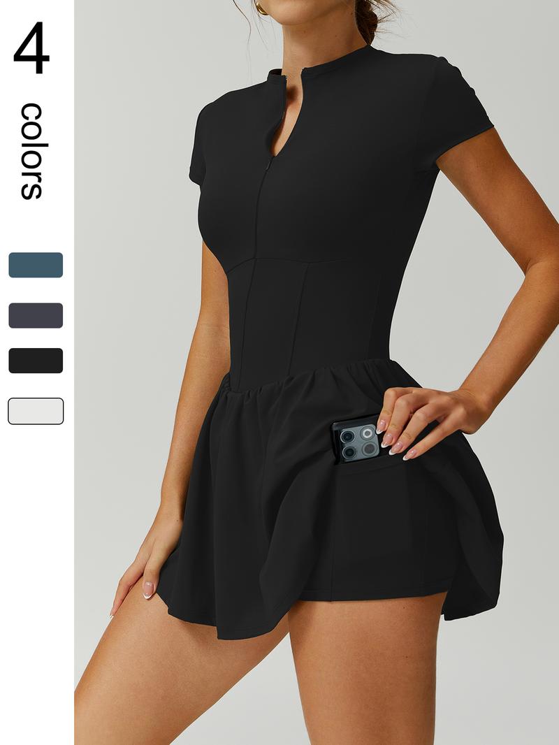 Women's Sporty Plain Color Waist Cinched Short Sleeve Jumpsuit, Anti-Slip Inner Pocket Front Zip Design, Yoga Tennis Gym Training Outdoors, Sports Jumpsuit