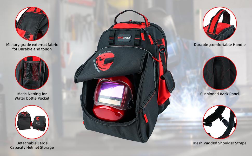 MELOTOUGH Welding Tool backpack Extreme Gear Pack with Large Capacity Helmet Holder Luggage Storage Bag(Red） multi-functional tool hammer holder