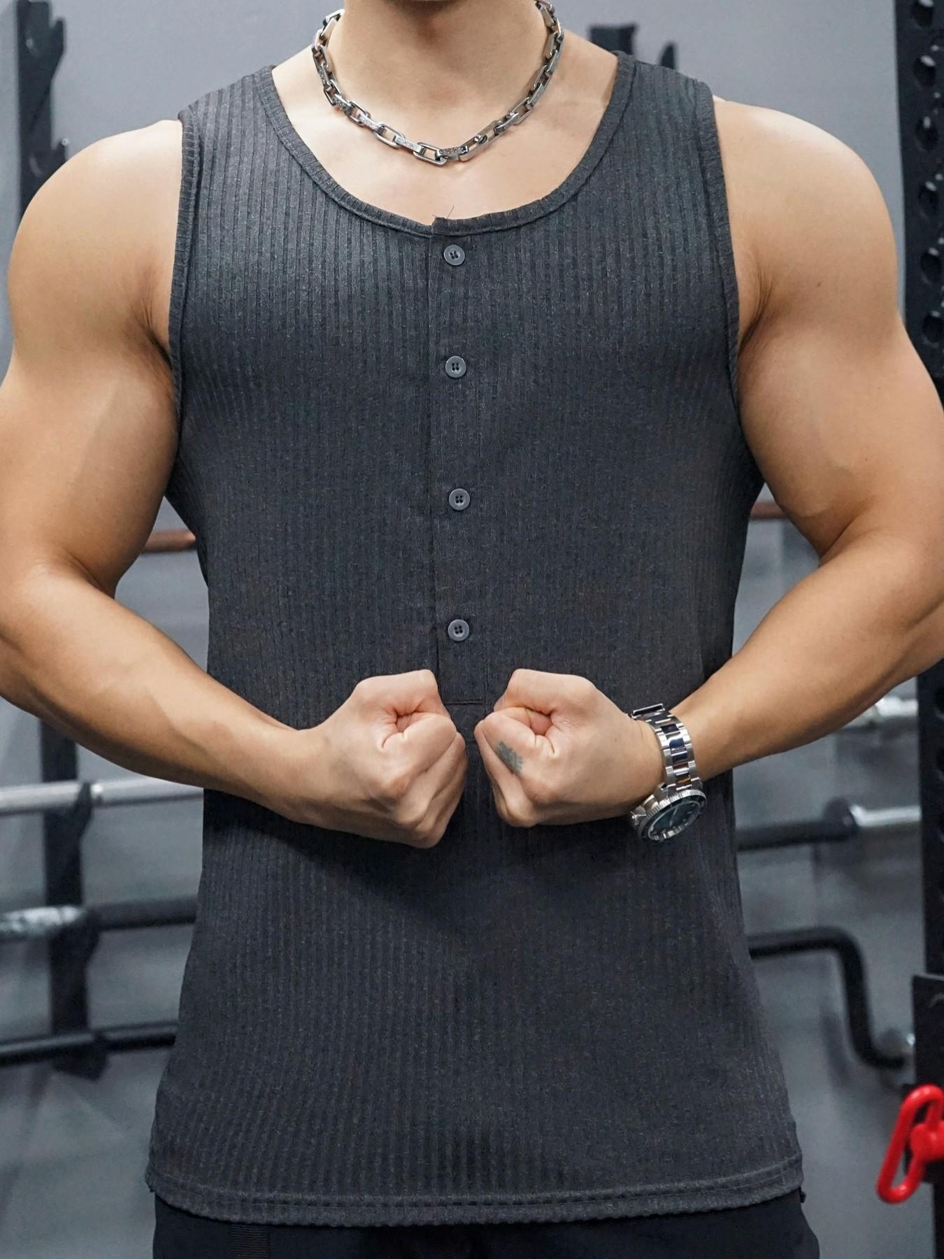 Men's Vertical Striped Ribbed Tank Top, Elastic Sleeveless Henley Shirt, Perfect for Casual and Sports Occasions, Comfortable and Stylish, Athletic Undershirt