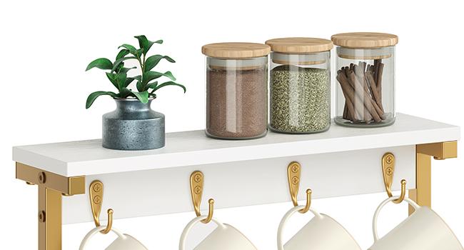 YATINEY Coffee Mug Holder for Counter, 2 Tier Mug Tree Rack, with 8 Hook and 2 Open Shelves, Vintage Mug Holder Stand for Home Kitchen, White and Gold #SpringSale #BigSpringSale