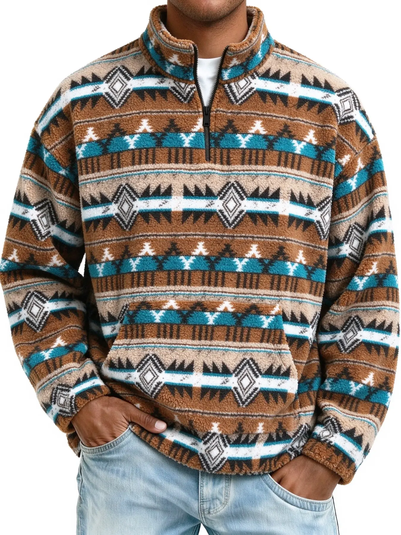 Men's Aztec Geometric Fleece Sweatshirt, Retro Western Christmas Style, Quarter Zip Stand Collar, Kangaroo Pocket, Warm Soft Pullover