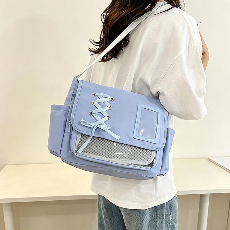 Women's Japanese School Style Canvas Shoulder Bag - Cartoon Theme, Zip Closure, Crossbody Strap, Ample Space for Casual Wear, Versatile Bookbag