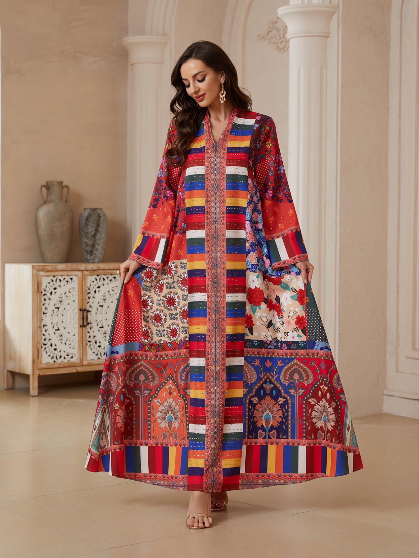 Middle Eastern High-End Custom Rainbow Geometric Totem Robe, Vintage Floral Light Luxury Abaya, Elegant Long Dress for Women
