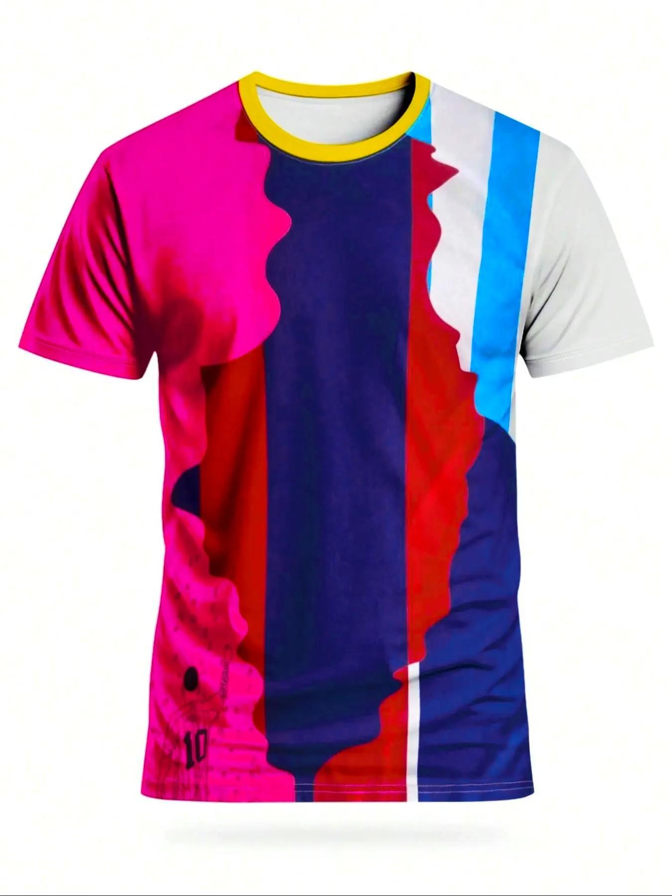 Men's Messi Barcelona Argentina Patchwork Soccer Jersey, Sporty Short Sleeve Top, Geometric Pattern, Loose-Fit, All Seasons