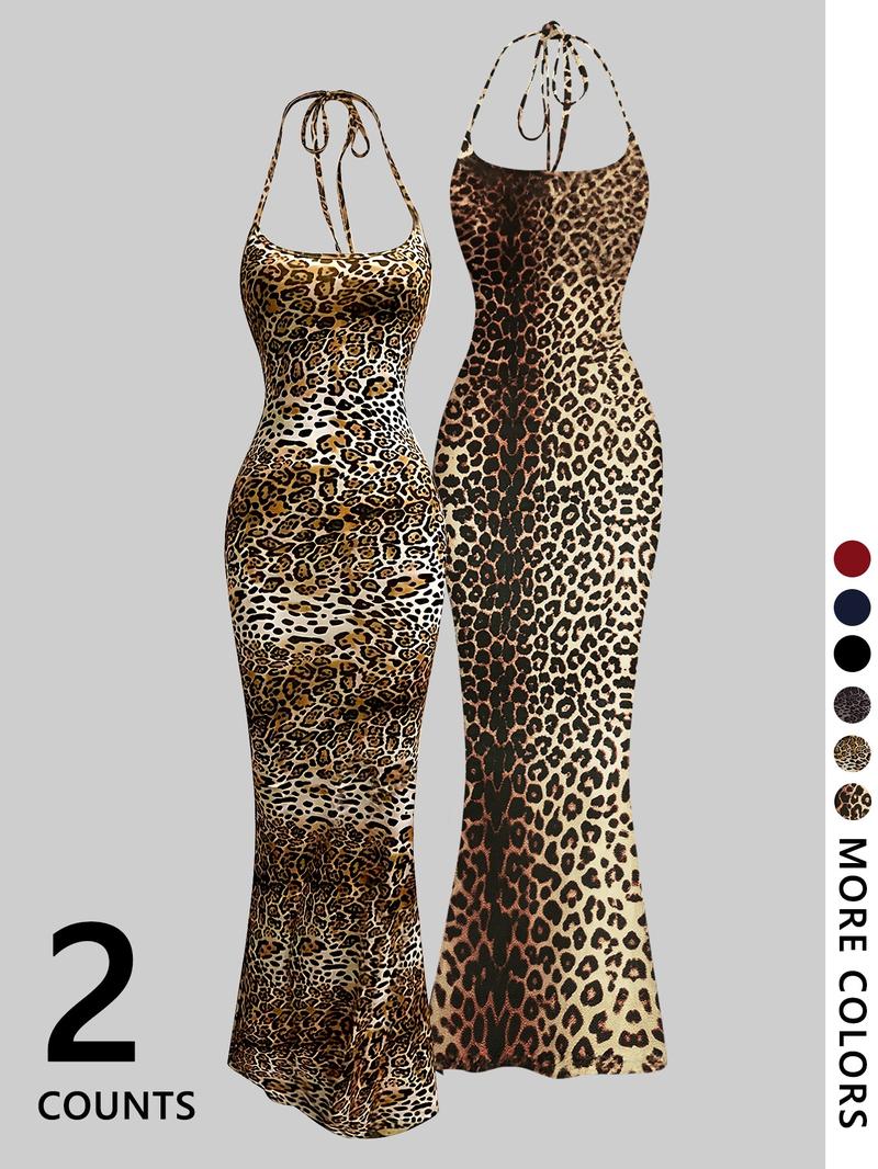 2-piece leopard print camisole and floor-length slim bodycon mini skirt - TikTok viral animal print! Stretch fabric, strap design, available in multiple colors (brown/black) 🔥 Perfect for #DateNightOOTD, #CoquetteAesthetic, #Y2KRevival. Fashionable, flat