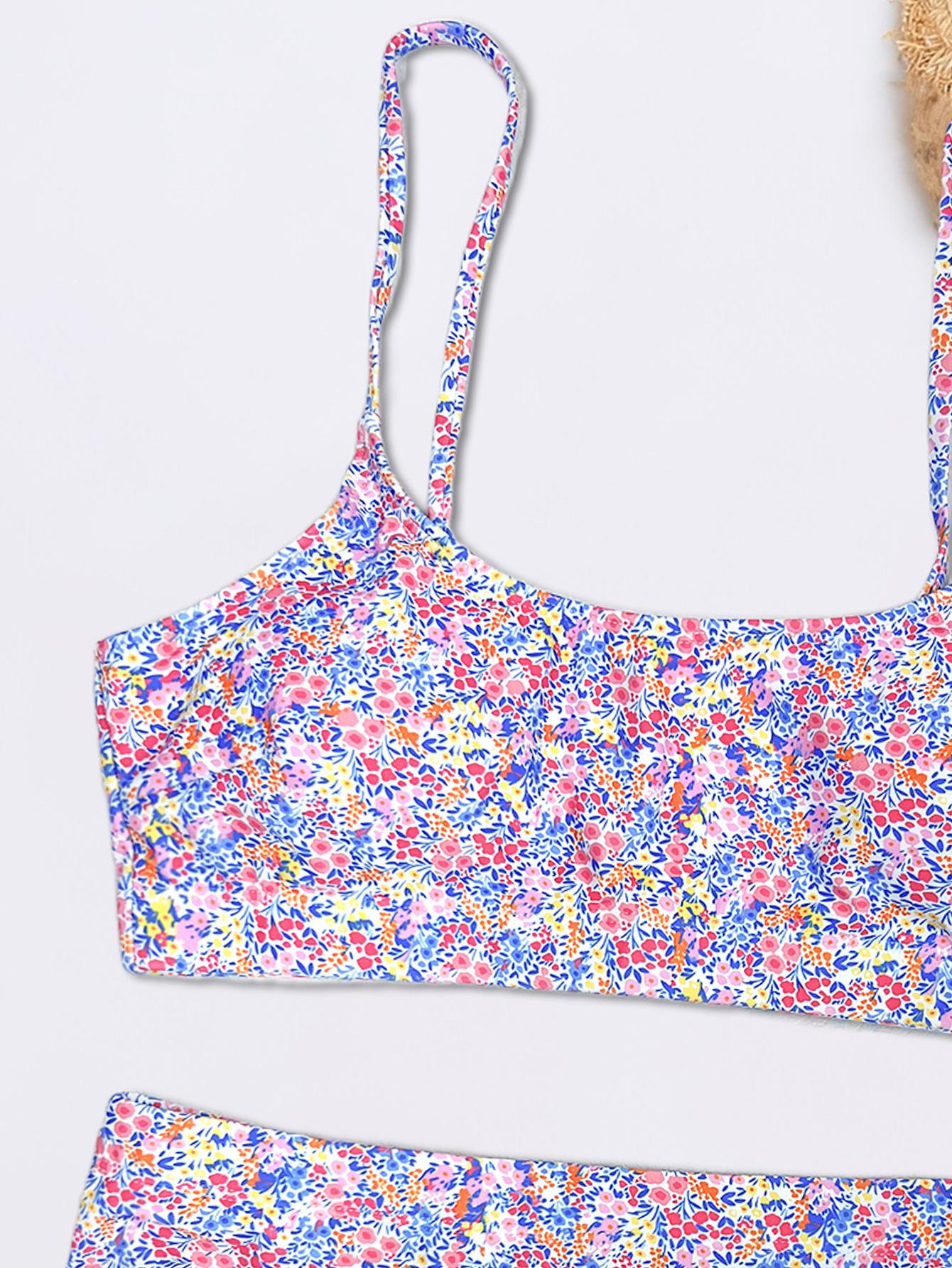 Women's Sexy Ditsy Floral Bikini Set, U Neck Thin Straps Low Waist Two-Piece Swimsuit, Summer Beach Vacation Swimwear