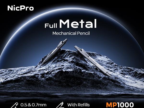 Nicpro Metal Mechanical Pencil Set 0.5 mm & 0.7mm with Case, Artist Pencil MP1000 with HB & 2B Lead Refill, Eraser, Eraser Refill For Art Writing Drafting Drawing, Black & Silver