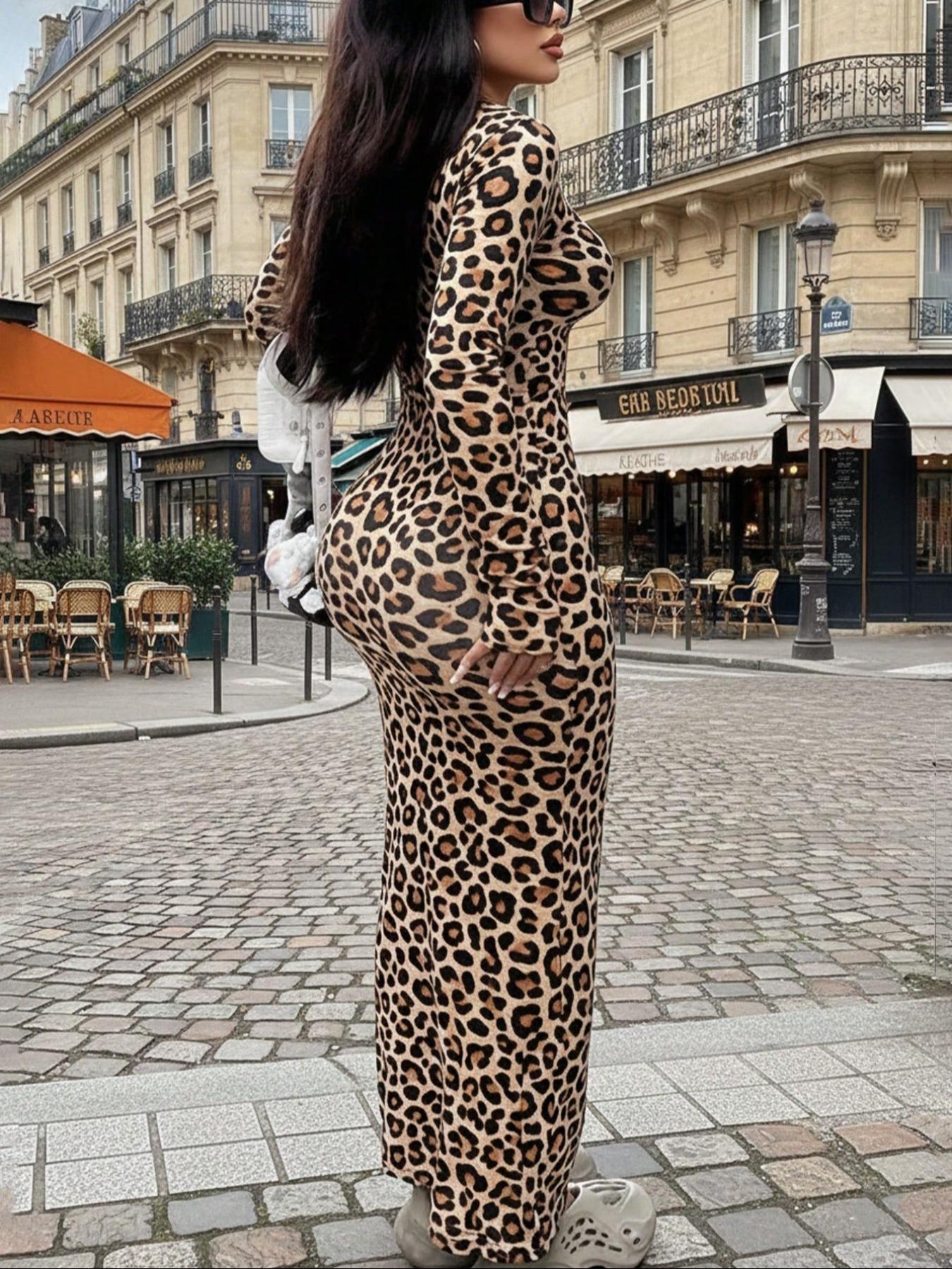 Elegant Leopard Print Dress, Bodycon Side Slit, Fitted Design, Perfect for Casual & Party Wear, High-Quality Fabric, Stylish Women's Clothing
