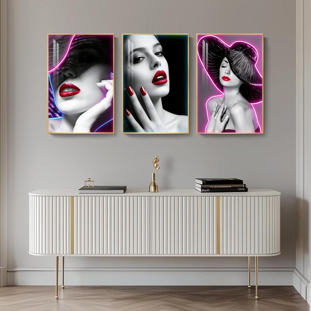 3 Counts Aluminum Alloy Framed Painting, Neon Beauty Portrait Art With Red Lips And Nails, Home Decoration For Living Room, Bedroom, Office, Restaurant, Hallway Wall Decor, Odorless Print Artwork, Luxury Perfect Gift For Friends And Family