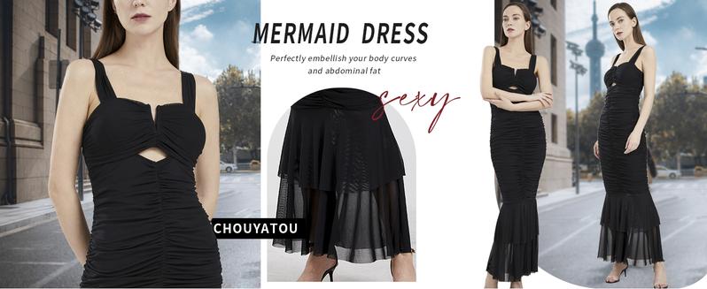 Chouyatou Womens Strenchy Ruched Bodycon Cocktail Party Dress Maxi Mermaid Corset Dress Evening Gown