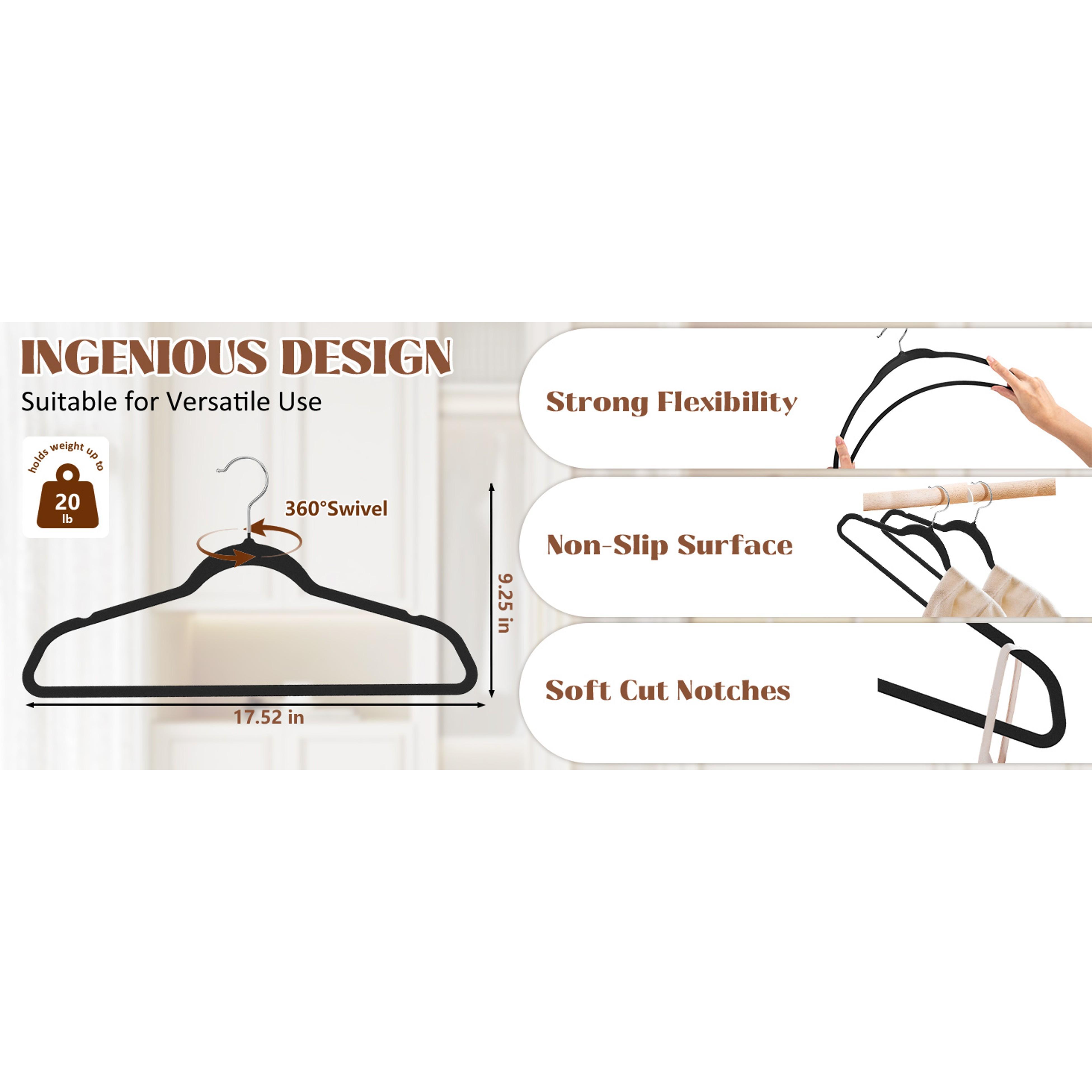 50 Pack Black Velvet Hangers Non Slip, Felt Pants Hangers Thin Space Saving Clothes Hanger Flocked Strong Durable Ganchos para Colgar Ropa with 360°Swivel Hook for Pants Jeans Shorts Skirts Tank Top