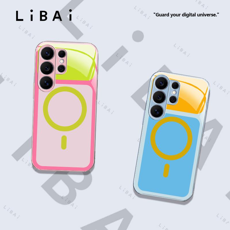 Fits Samsung Galaxy S26/S25/S24/S23/S22/S21/S20 Viral Dopamine Color Block MagSafe Magnetic Glass Phone Case, Two-Tone Bright Pastel Electroplated Glossy Shockproof Minimalist Aesthetic Cover---9435