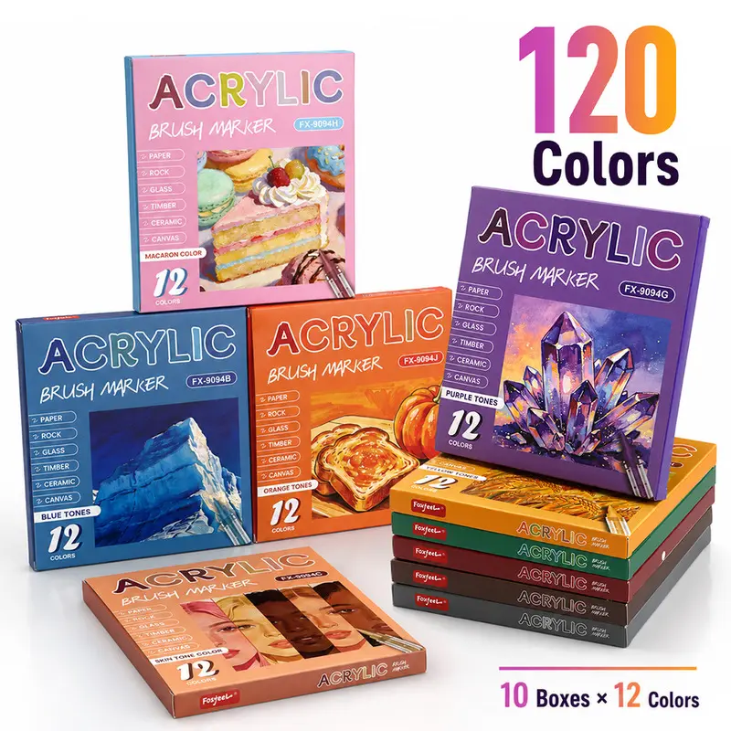 12 Colors Acrylic Paint Marker Set, Premium Brush Tip Acrylic Pens with Rich Pigment, Smooth Flow and Excellent Coverage for Painting on Paper, Canvas, Wood, Glass and Ceramic