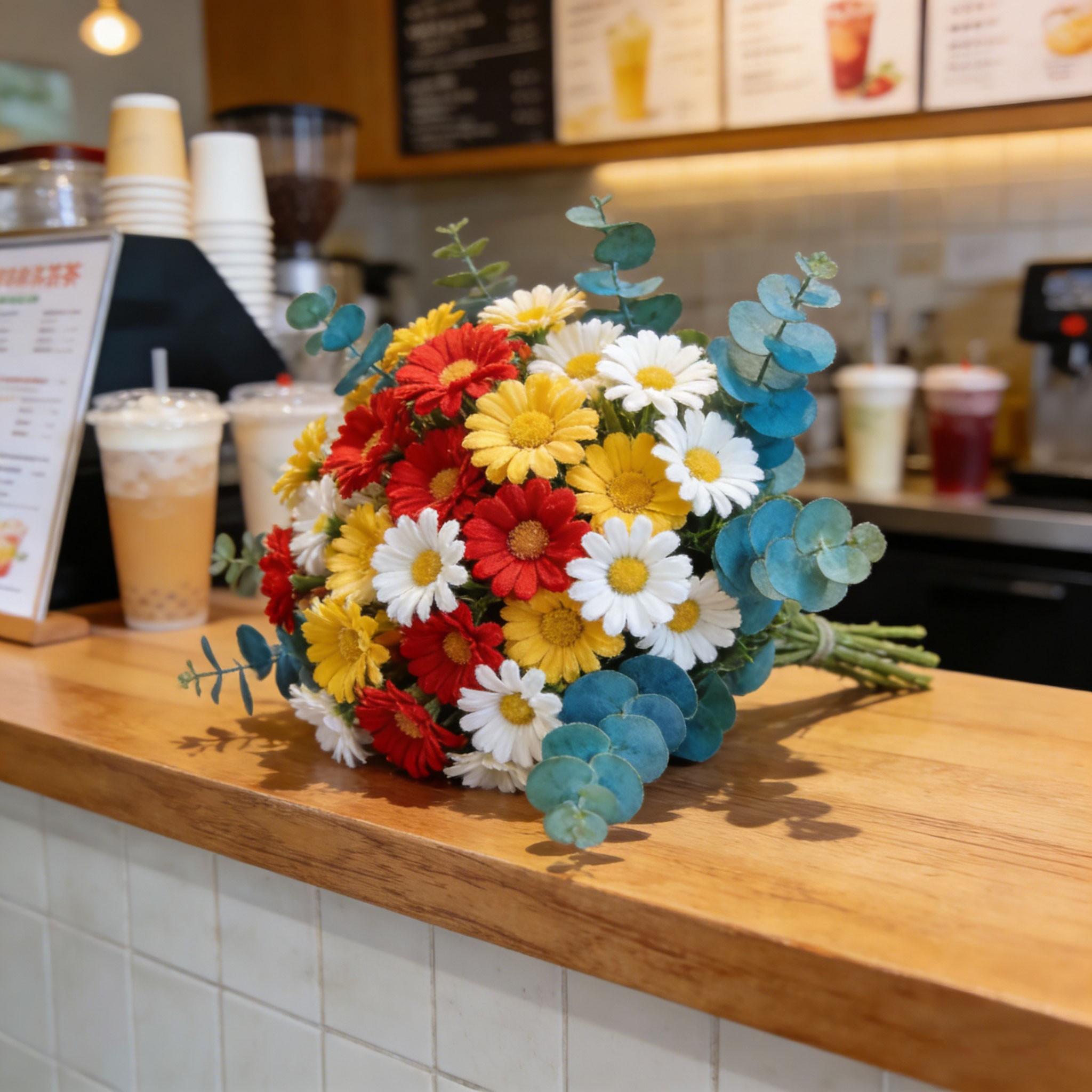 Mixed Daisy and Eucalyptus Artificial Flowers, 10, 10, 10 Daisies, 10 Fresh Eucalyptus Leaves, Modern Home Decor