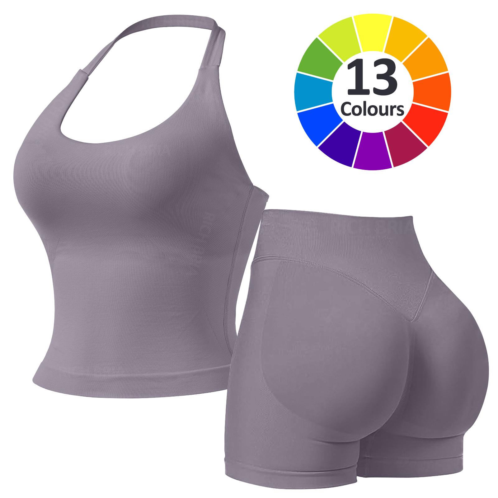 RICH BRIA Women's Solid Color Halter Top & High Waist Shorts Sports Set, Sporty Breathable Quick Drying Outfits for Yoga Gym Fitness Running, Ladies Sportswear for Summer, Workout Clothes, Workout Gym Clothing, Athletic Sports Clothing, Athleisure Wear