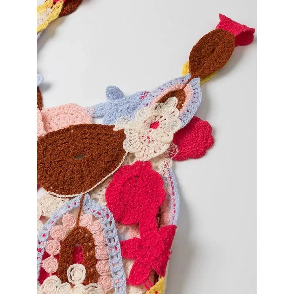 Boho Crochet Crop Top Multicolor Floral Embroidery Sleeveless Cami Tank Open-knit Camisole Women Teengirl Summer Festival Boho