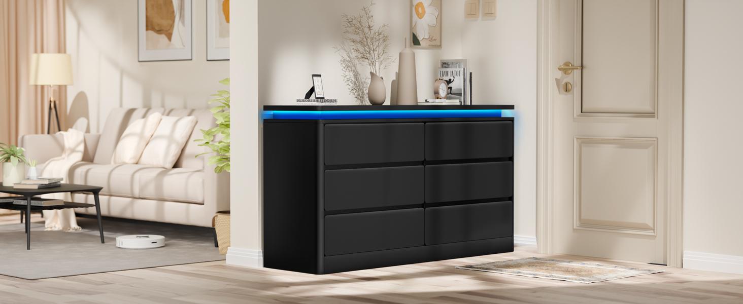 Modern 6 Drawer Dresser with Power Outlet, LED Light, Modern Chest of Drawers for Closet, Double Wide Drawer Organizer Cabinet