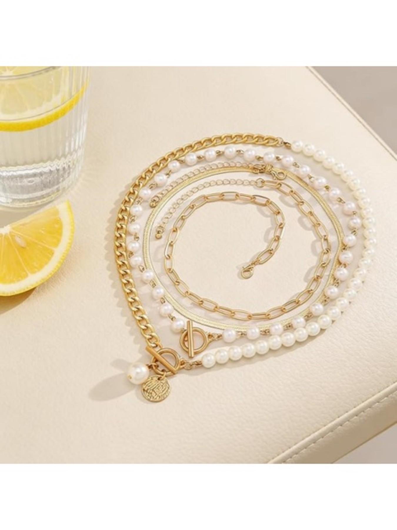 4-Piece Women's Fashion Adjustable Multi-Layer Pearl Stack Necklace Set, Charming Multi-Layer Chain Necklaces, Beach Jewelry